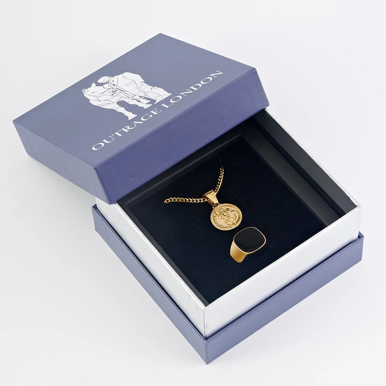 Gold St Christopher Necklace & Onyx Ring Set