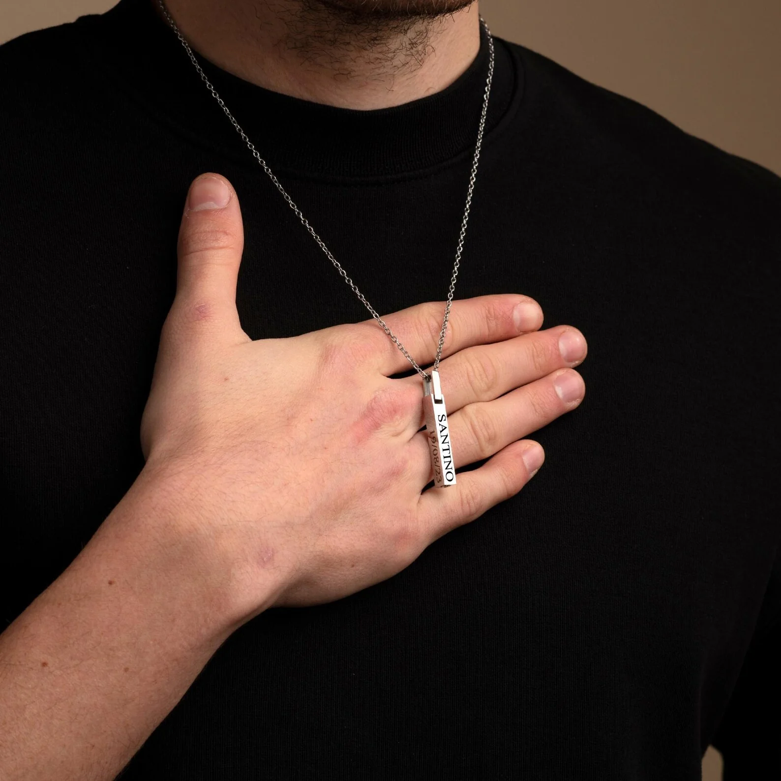 Silver 4-Sided Engraved Bar Necklace Pendant - Image 3