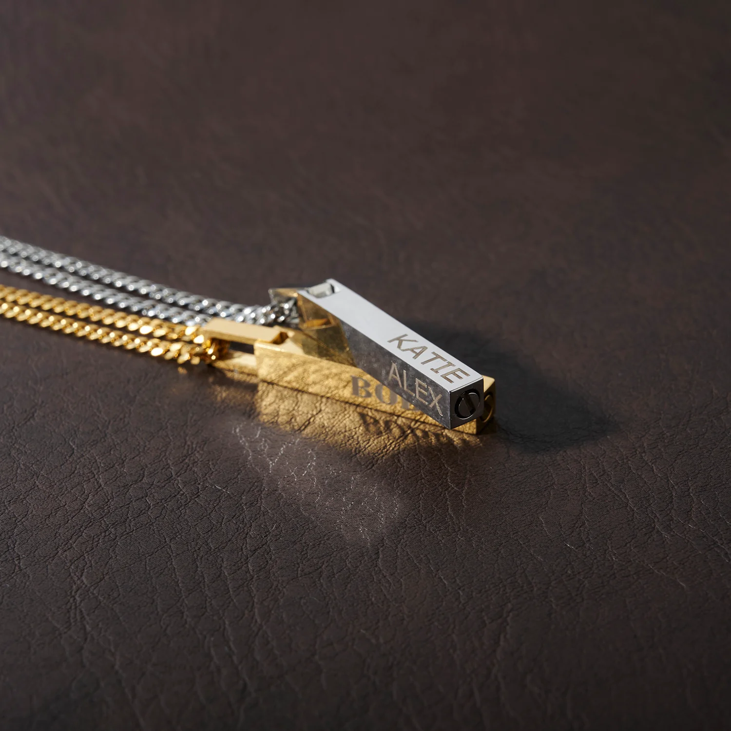 Gold 4-Sided Engraved Bar Necklace Pendant - Image 5