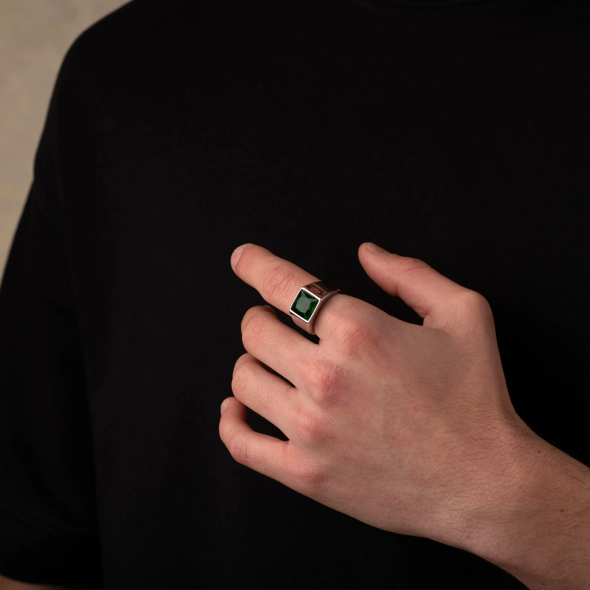 Silver Green Stone Signet Ring - Image 5